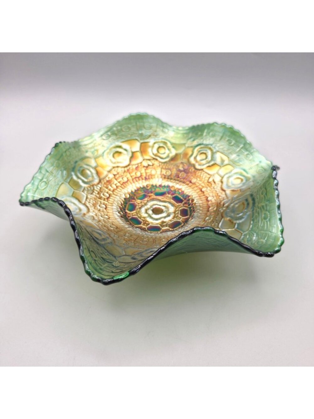 Fenton Captive Rose Green Carnival Glass Bowl Iridescent Quilted 1911 Antique